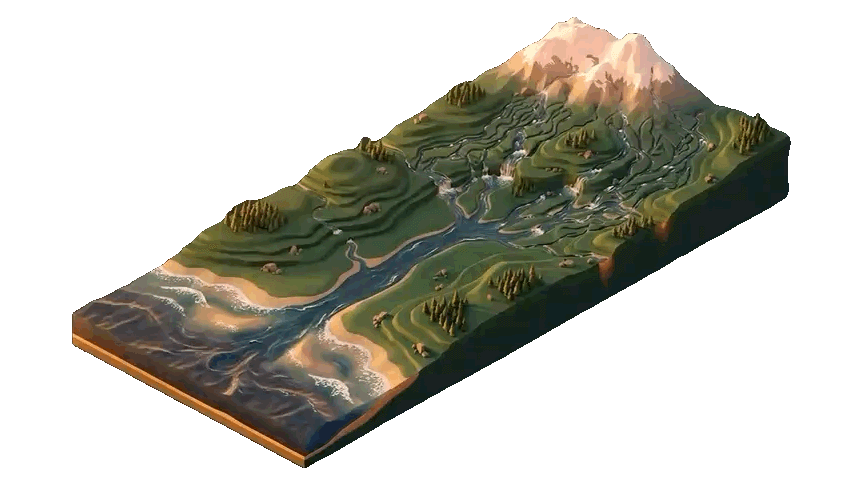 Animated diorama of small rivers running from a mountain down to the sea